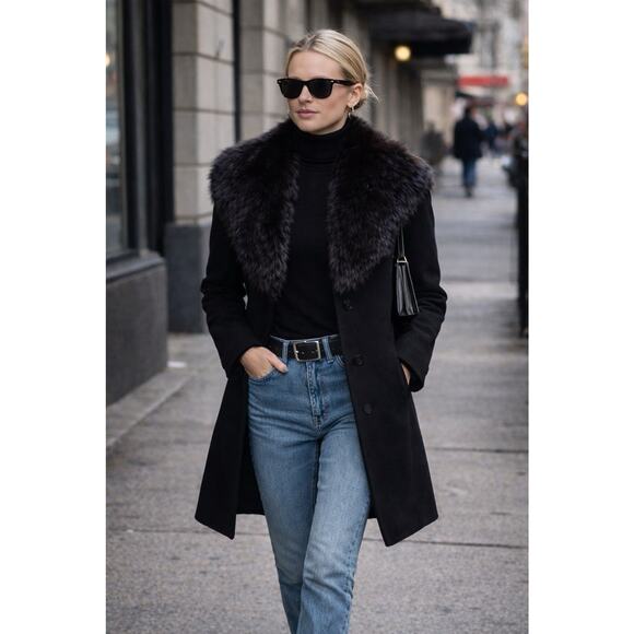 Unbranded Jackets & Blazers - Vintage Union Made Black Wool Over Coat Dramatic Fur Collar CBK Style Tailored